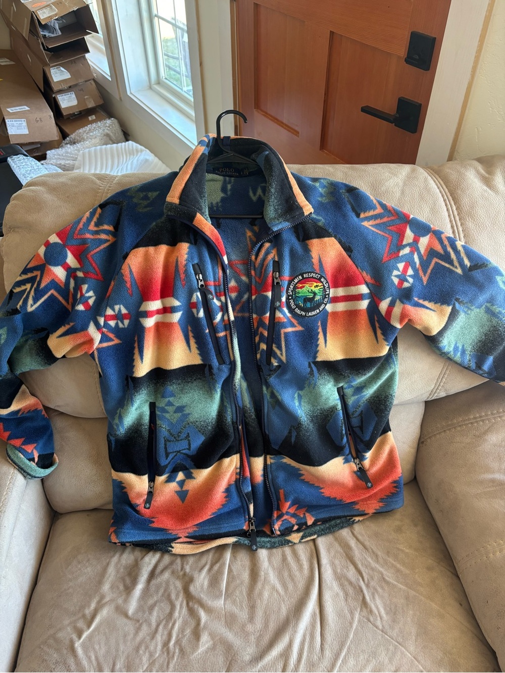Ralph Lauren Aztec-Pattern Fleece Jacket - Blue, Orange & Cream